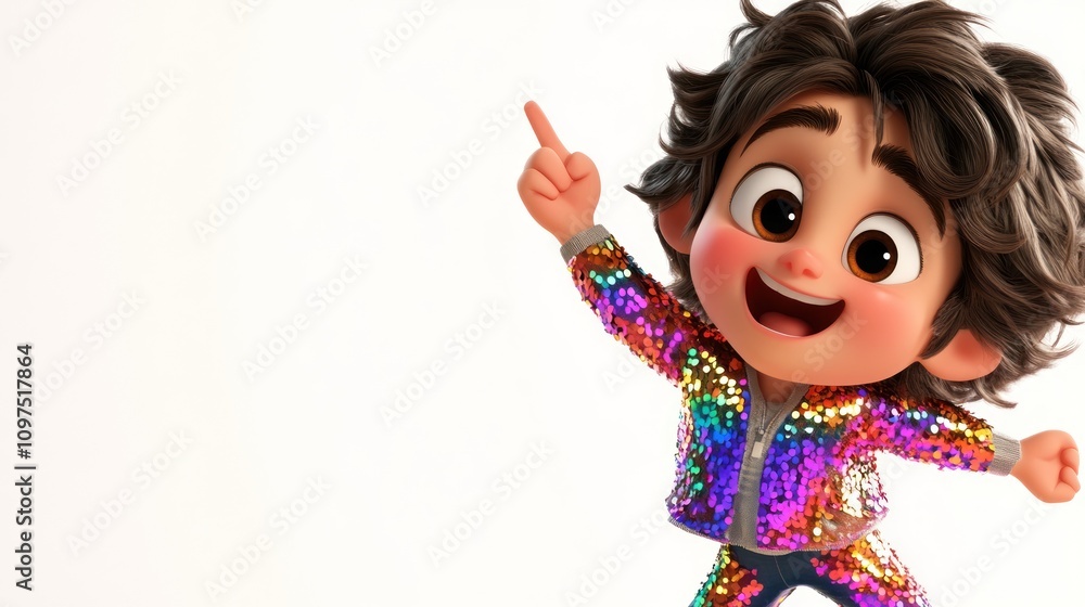 Poster a cheerful animated character wearing a sparkling jacket, joyfully dancing and pointing.