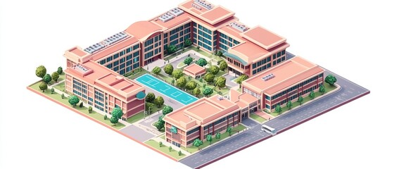 A stylized illustration of a school campus featuring buildings, a pool, and green spaces.