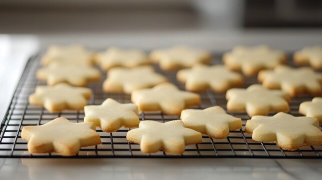 National Cookie Cutter Day Freshly baked star shaped sugar cookies cooling on a wire rack for festive celebrations