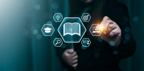 Digital Learning Concept with Virtual Education Icons, Including Online Courses, Video Tutorials, Research Tools, and Knowledge Sharing, Representing Modern E-Learning Technology