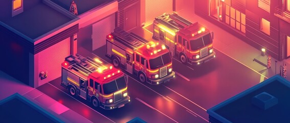 Three fire trucks parked in a brightly lit urban setting at night.
