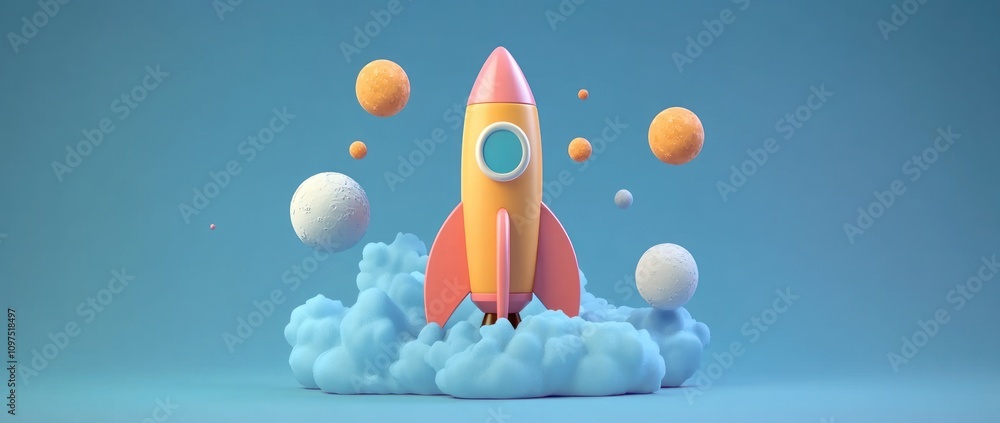Poster a colorful rocket surrounded by clouds and planets, symbolizing exploration and imagination.