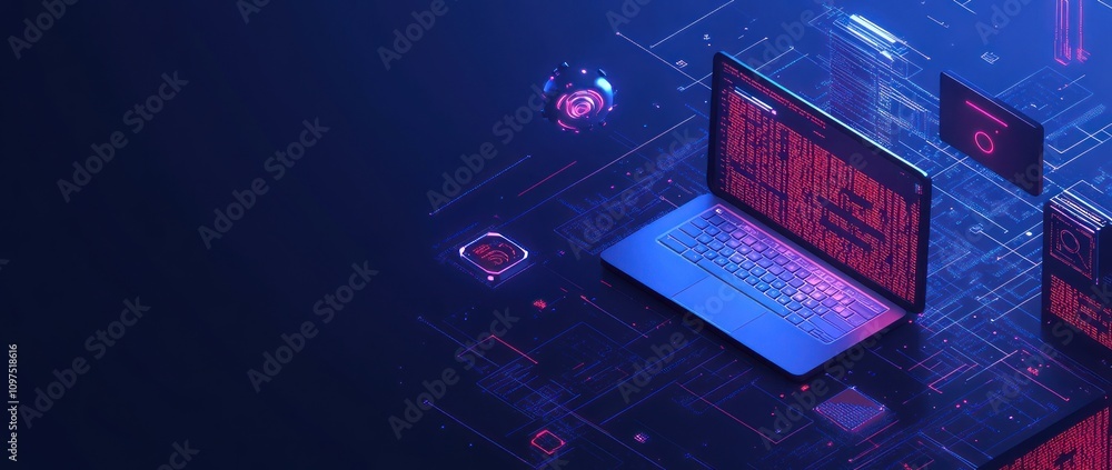 Aufkleber a digital laptop surrounded by abstract technology elements and data streams.