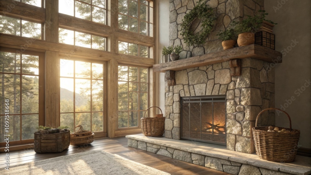Poster sunlight filters through large windows casting soft shadows on a textured stone fireplace adorned wi