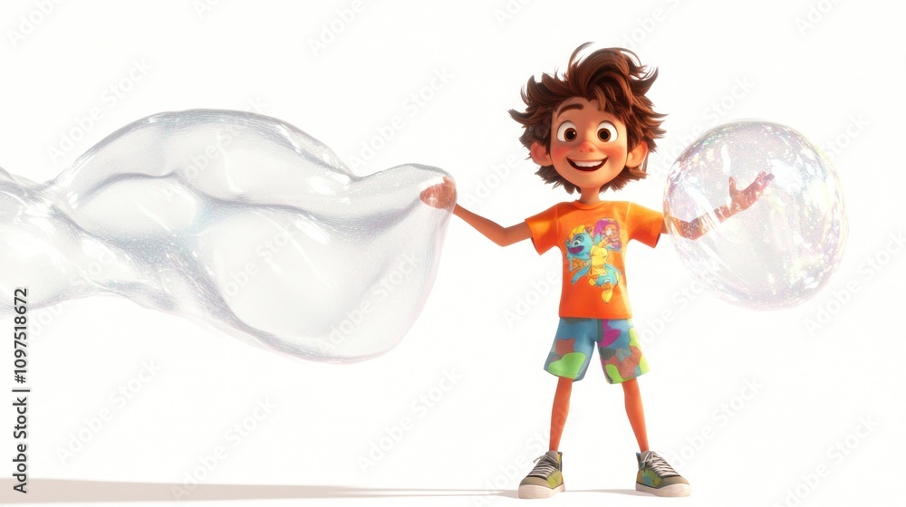 Poster a cheerful animated character playing with a large bubble and a bubble wand.