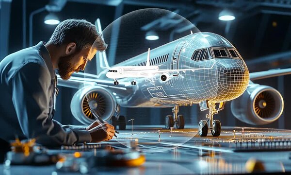 Engineer designing airplane model in hangar.