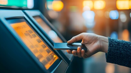 Automated Self-Check-In Kiosk: Person Scanning Passport at Modern Technology Checkpoint