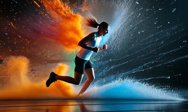 Energetic man running through colorful paint explosion.