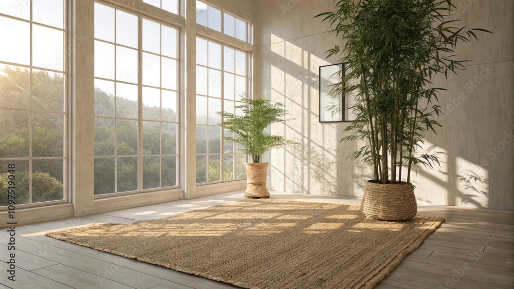 Aufkleber sunlight filters through large airy windows casting gentle shadows on a textured jute rug that groun