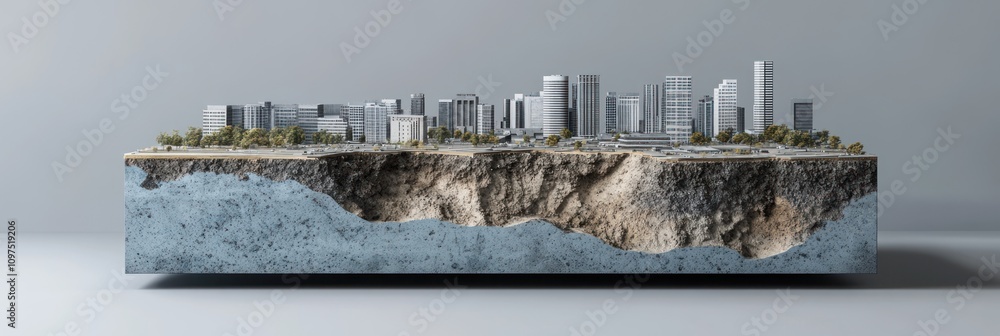 Poster a 3d model showcasing a cityscape with a cross-section of geological layers.
