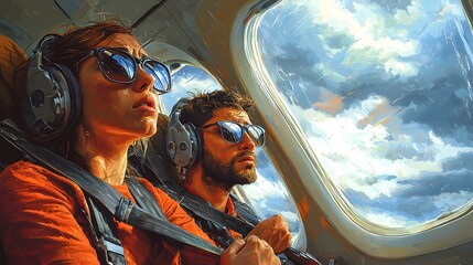 Naklejka premium Passengers Securing Seatbelts for Safety During Airplane Flight