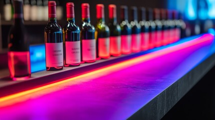 Wine Bar Neon Glow: Rows of wine bottles illuminated by vibrant neon lights on a stylish bar counter. Perfect for wine lists, bar menus, and sophisticated drinks promotions.