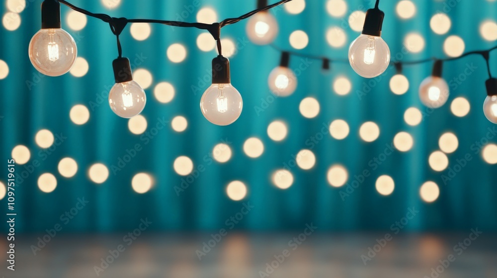 Poster twinkling lights and a teal dream: a string of warm, glowing lights hang against a vibrant teal back