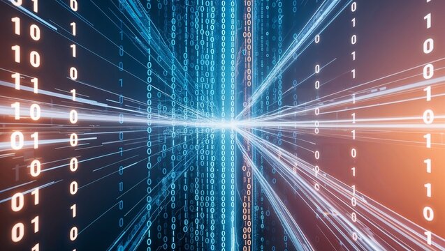 Futuristic digital binary code stream with glowing lines and copy space. The concept of modern computer technologies