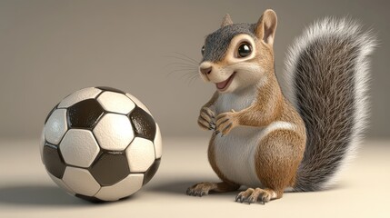 A cartoon squirrel happily interacts with a soccer ball in a playful setting.