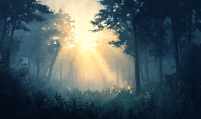 A dark forest with fog and sun light through the foggy light flares