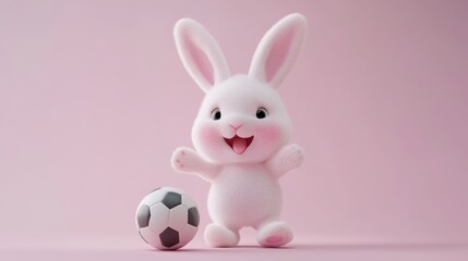Obraz premium A cute, fluffy rabbit with big ears joyfully playing with a soccer ball.