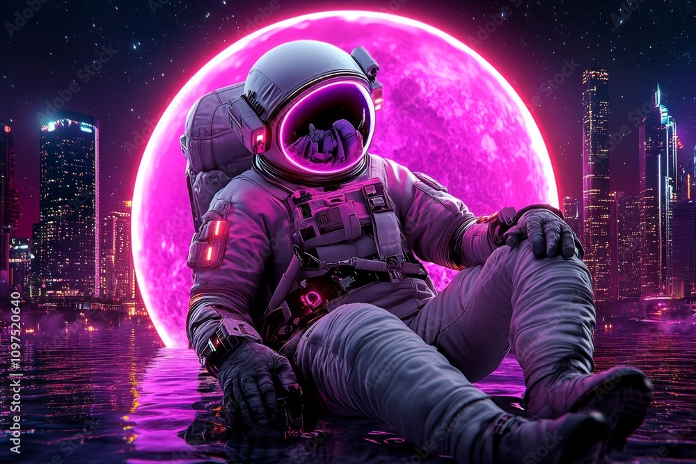 Poster a cyberpunk-themed astronaut in a neon-lit spacesuit, floating above a futuristic city orbiting a gl