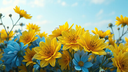 Vibrant yellow and calming blue blooms creating a picturesque scene, picturesque, paradise, panoramic, tranquil, idyllic