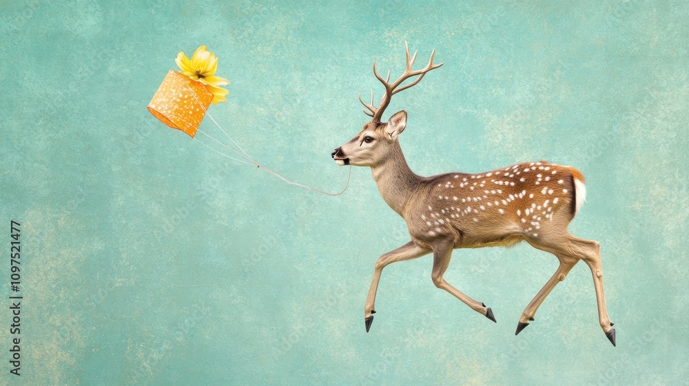 Poster a whimsical deer floating with a flower-adorned bucket on a string against a textured background.