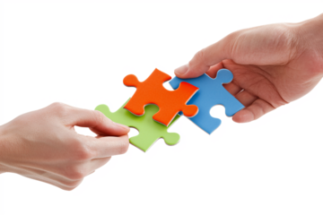 Hands of diverse individuals unite to form a puzzle, symbolizing teamwork and collaboration on a white background.