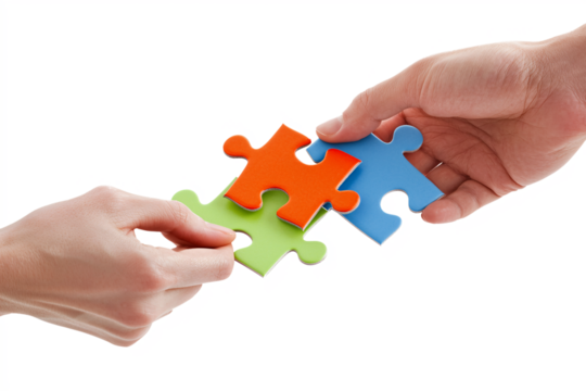 Hands of diverse individuals unite to form a puzzle, symbolizing teamwork and collaboration on a white background.
