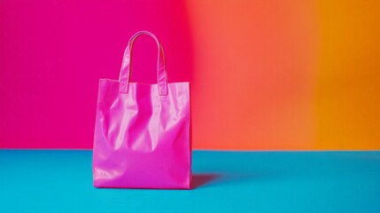 Pink Plastic Shopping Bag on Colorful Background: A vibrant pink plastic shopping bag stands out against a backdrop of bold, contrasting colors, creating a playful and eye-catching visual.