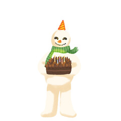 Snowman holding a birthday cake