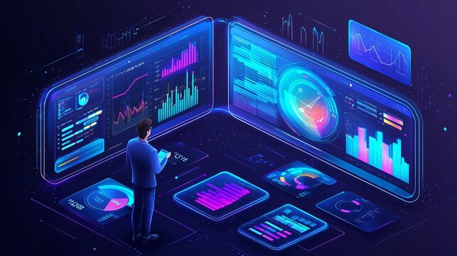A digital interface featuring graphs, charts, and analytical tools for data-driven decision-making, isolated on a white background.