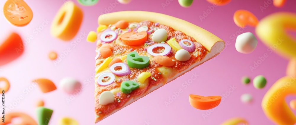 Poster A colorful, floating pizza slice surrounded by various playful ingredients and shapes.