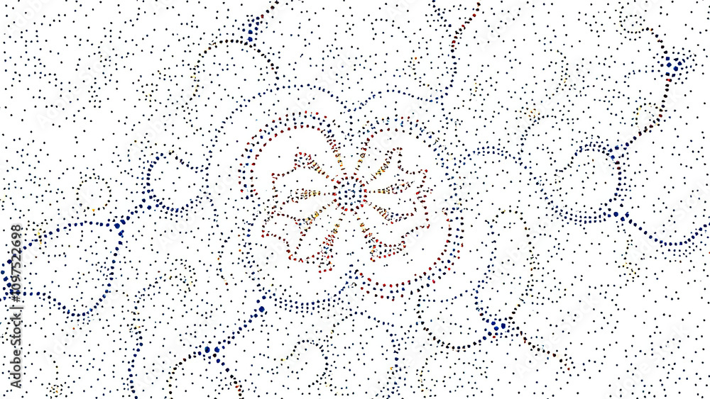 Poster white background with scattered yellow dots over blue and red dot patterns creating a textured look,