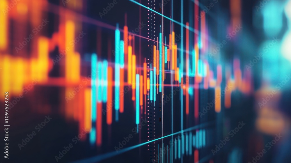 Poster a close-up view of a digital stock market chart with vibrant candlestick patterns.