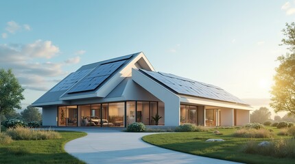 Obraz premium Futuristic Smart Home with Solar Panels for Renewable Energy Efficiency