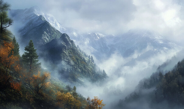 foggy coveerd rock mountain in the fores. view of mountain range covered by forest with blue sky