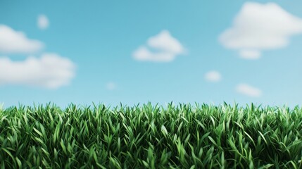 Obraz premium Green Grass and Blue Sky: A vibrant green lawn stretches out beneath a clear blue sky dotted with fluffy white clouds, evoking feelings of peace and tranquility. 
