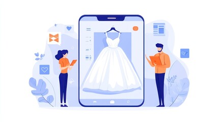 A couple views a wedding dress on a smartphone, showcasing digital shopping.