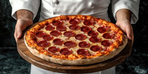 Person with pepperoni pizza on wood