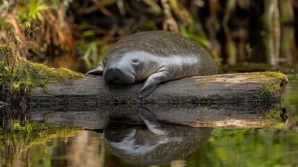 Fototapeta premium A manatee resting on a log in calm water, reflecting its image.