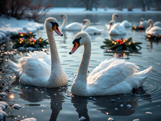 Obraz premium Elegant swans gliding through a winter wonderland with floral arrangements, photography of nature concept.