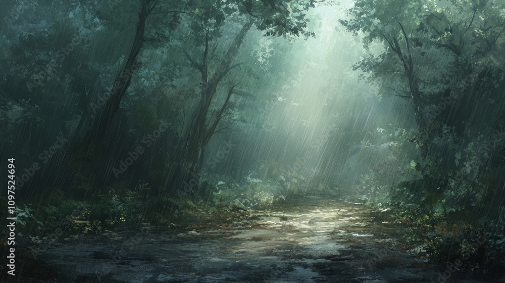 Poster a serene forest scene with soft light filtering through trees during rain.