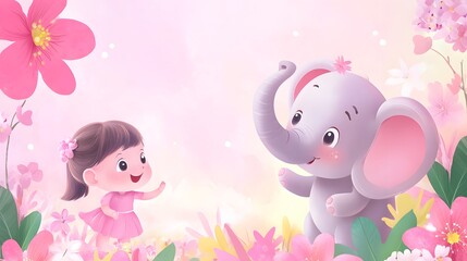Fototapeta premium Girl and elephant meet in a pink flower garden.