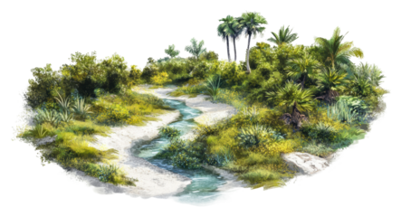 Lush valley with a winding river surrounded by greenery isolated on transparent background
