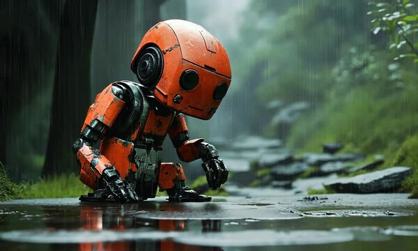 Small orange robot sits in the rain on a wet stone path.