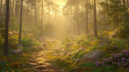 Obraz premium A serene forest path adorned with vibrant flowers, illuminated by soft sunlight.