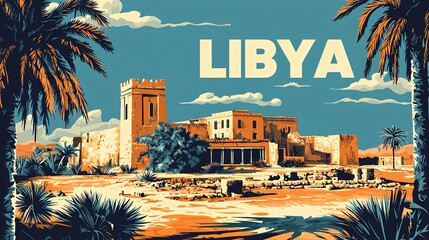 A vibrant poster showcasing Libya's breathtaking landscapes, including the mesmerizing Sahara Desert, ancient ruins, and iconic architecture that entice exploration of its rich history and culture.