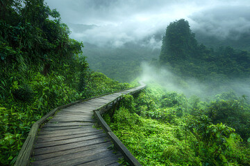 Vibrant flora surrounds a misty trail through the rainforest, featuring a wooden path that inspires ecotourism and a connection to nature
