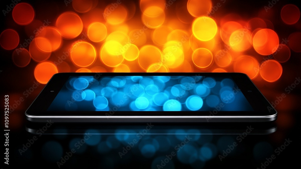 Poster tablet in the spotlight: a sleek tablet computer rests on a reflective surface, its screen displayin