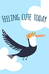 Inspirational Card With Bird, with flower wreath, Feeling cute, flat style illustration, Motivational Bird Card Design