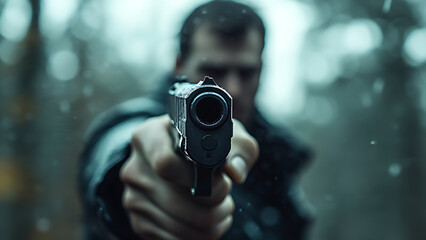 a man aims his gun in the form of a gun at us, ready to shoot, the background is blurred in the forest