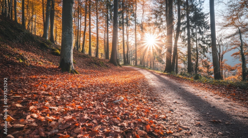 Poster a serene autumn landscape with sun rays filtering through trees and a path covered in leaves.